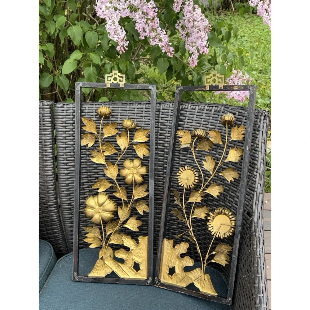 VTG Brass Metal MCM 3D Floral Wall Plaques Set Of 2 Wood Frame Hanging 20